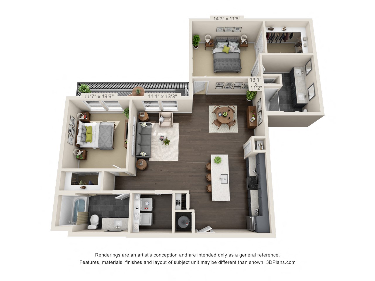 Floor plan for 2 beds, 2 baths, 1316 sqft